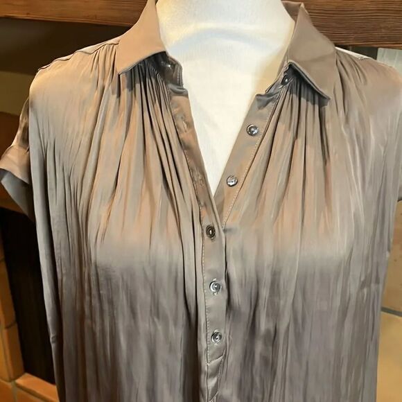 By Together Pleated Polyester Satin 1/2 Button Up Blouse, S! - Picture 2 of 11